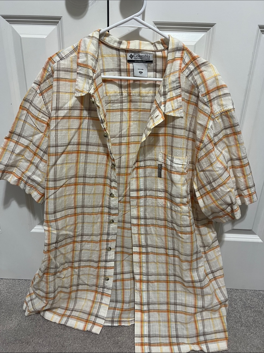 Columbia Short Sleeve Plaid Button-Up Shirt - Cream, Orange & Brown